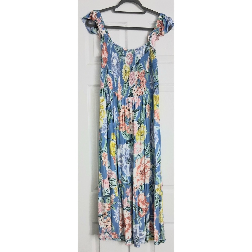 Ann Taylor Loft Dress Large Blue Smocked Top Cottagecore Floral Peasant‎ Boho